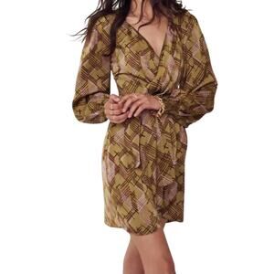 NWOT Heartloom Selita Dress Green Brown Geometric sz XS Satin Wrap Long Sleeve